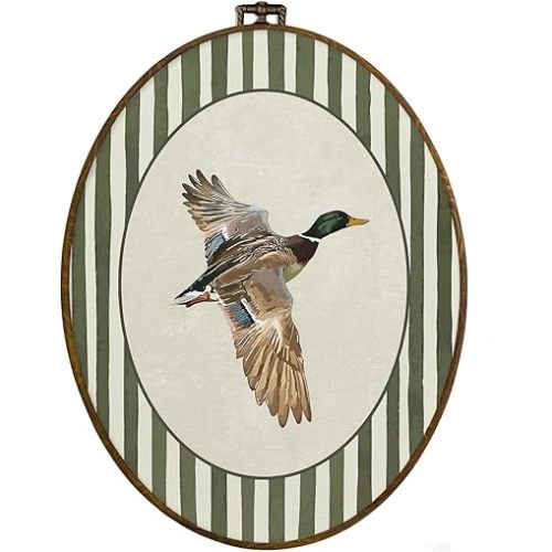 dvhdajed Vintage Mallard Duck Oval Wall Art Decor, Cabin Mallard Ducks Green Striped Framed Canvas Art, Duck Hunting Decorations, Rustic Animal Wall Hanging Decor for Toddler Room Bedroom, 8.7x11.3