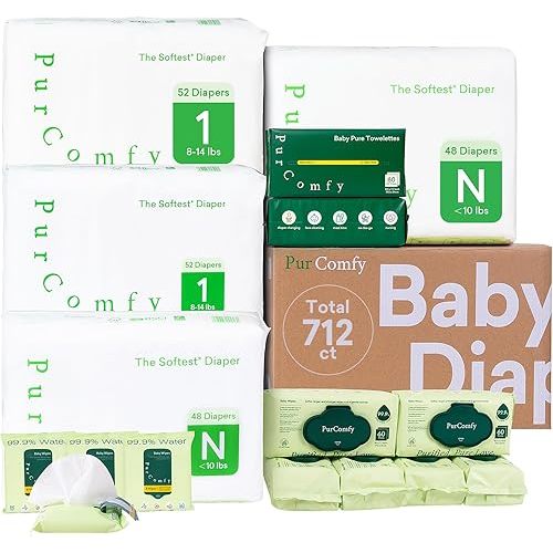 PurComfy Baby Diapers Essential Kit, Size N (96Ct) & Size 1 Diapers (104Ct), 6 Water Wipes (360Ct), 4 Travel Wipes (32Ct) and 2 Dry Wipes(120Ct), Baby Essentials Kit for Sensitive Skin, Total 712 Ct