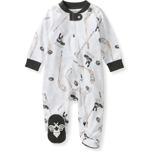 Burt's Bees Baby Boys' Organic Cotton, Sleep and Play Footed Pajamas | Easy zip front PJs feature a 2-way zipper to ensure newborns have a restful nights sleep(Hockey Season)