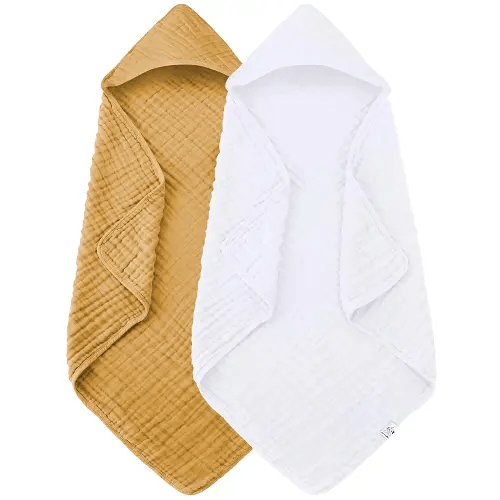 2 Pack Hooded Baby Towels - 100% Muslin Cotton for Newborns, Infants, Toddlers - Large 32x32Inch Size - Highly Absorbent and Essential for Newborn Care, White and Honey