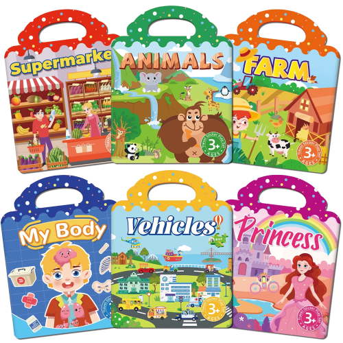Reusable Sticker Books for Toddlers Ages 2+, 6 Pack Jelly Sticker Activity Books with Farm Vehicles Princess Animals Market Body Themes
