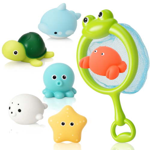 sixwipe 7 Pcs No Hole Mold Free Bath Toys with Frog Net, 6 Sea Animal Toys for Toddlers, Baby Water Play for Pool, Bathtub, Floating Toys for Developmental Motor Skills Gift
