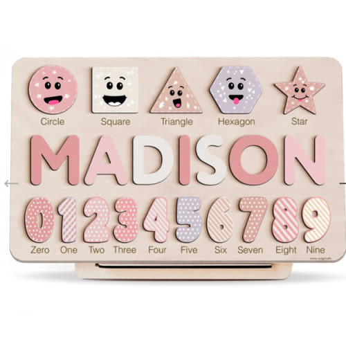 Personalized Wooden Name Puzzle with Numbers & Shapes – Imperial – Zuzu Puzzle