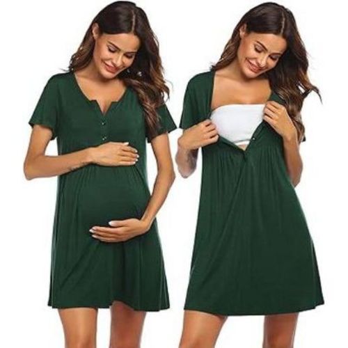 Ekouaer Labor and Delivery Gown, Nursing Nightgown, Maternity Nightgowns for Hospital Short Breastfeeding Nightgown Dark Green M