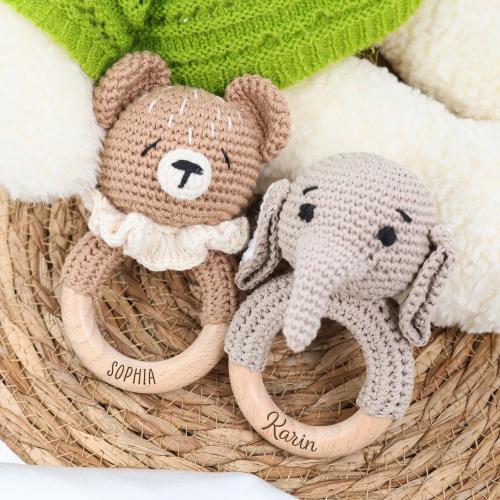 Sonajero de crochet personalizado/Anillo de sonajero grabado con nombre/Sonajero de animal personalizado/Regalo para bebé recién nacido/Sonajero de