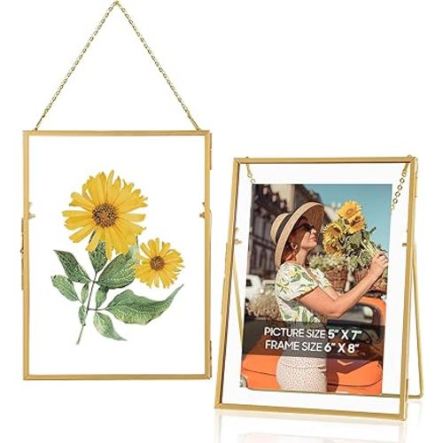 Gold Floating 5x7 Picture Frame Set of 2, Hanging Glass Pressed Flower Picture Frames, Gold Floating Frame for Wall Mounting or Tabletop Display