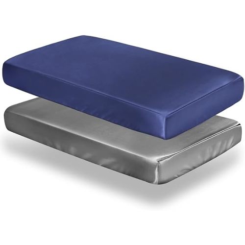 SiinvdaBZX 2 Pcs Satin Crib Sheets for Boys, Silky Soft Crib Fitted Sheets for Standard Crib and Toddler Mattress (Grey & Navy, 52 x 28 x 8In)