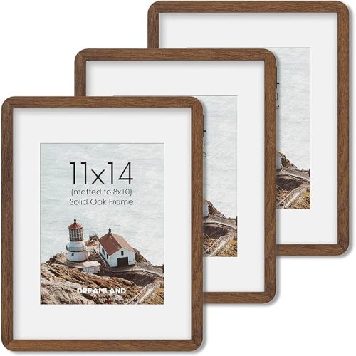 Dreamland 11x14 Picture Frame with Mat for 8x10, USA-Sourced Natural Oak Wood Photo Frames with Resistant Plexiglass, 11 x 14 Handcrafted Round Corner Gallery Wall Frames for Art, Walnut (3Pack)