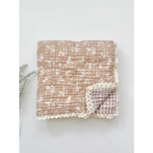 Tan Sweet Pea Lace Organic Muslin Blanket, Floral Lace blanket, Lace Swaddle, Newborn Blanket, Lace baby blanket, 6 layer blanket