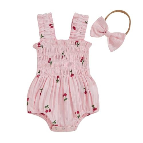 Youweixiong Baby Girl Cotton Linen Romper Cherry Sleeveless Smocked Bubble Bodysuit Frilly Jumpsuit Newborn Summer Clothes