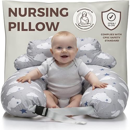 Nursing Pillow – Breastfeeding Pillows with Security Fence for Enhanced Support & Comfort – Removable Cotton Cover, Adjustable Waist Strap, Newborn Essentials Must Haves Baby Registry Search