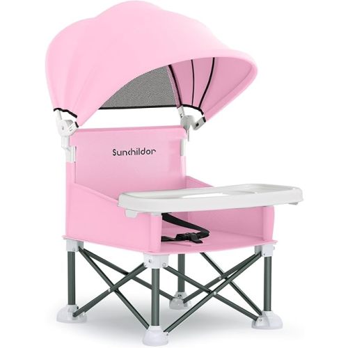 Sunchildor Portable Baby Booster Seat with Removable Tray & Canopy - 3 Point Safety Harness, Compact Fold for Travel, Indoor Outdoor Use for Infants & Toddlers, Pink