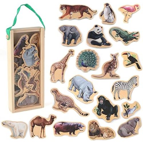 Refrigerator Magnets for Kids - Zoo Animal Fridge Magnets for Toddlers - Wooden Magnetic Toys for Baby Kids' Developmental Learning