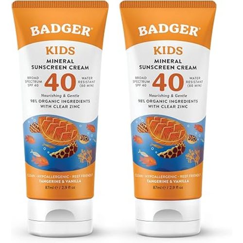 Badger Kids Mineral Sunscreen Cream SPF 40, 98% Organic Ingredients, Zinc Oxide Sunscreen for Kids Face & Body, Water Resistant, Reef Friendly, Hawaii Approved Sunblock, 2.9 fl oz, 2-Pack
