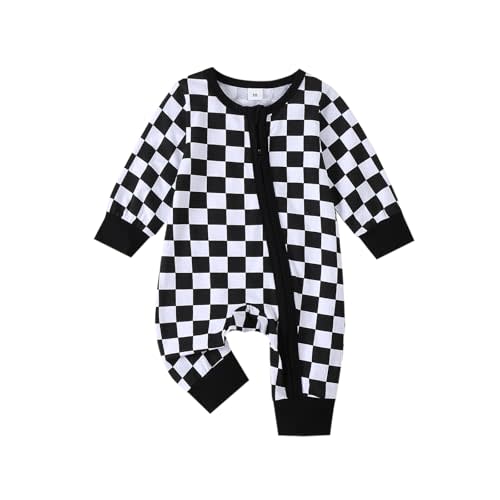Nibbcoa Newborn Boy Outfits Checkered Jumpsuit Long Sleeve Zipper Romper Plaid Bodysuit Fall Winter One Piece Outfit