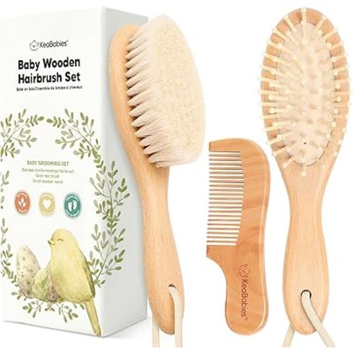 Baby Hair Brush Set for Newborns - Soft Goat Bristle Wooden Baby Brush and Comb Set Newborn Grooming Kit for Cradle Cap, Durable & Gentle, Boy, Girl Infant Essentials Care Kit Brush (Regular, Walnut)