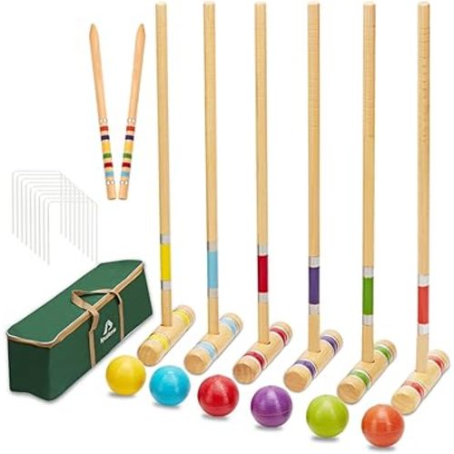 ApudArmis Six Player Croquet Set with Premiun Rubber Wooden Mallets 28In,Colored Ball,Wickets,Stakes - Lawn Backyard Outdoor Game Set for Adults/Teenagers/Family (Large Carry Bag Including)