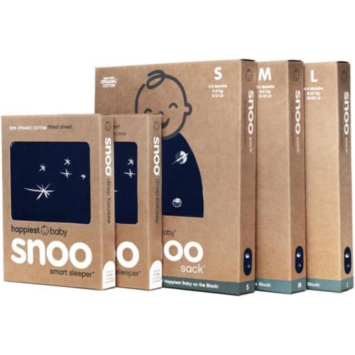 Happiest Baby The Big Bundle 100% Organic Cotton - Includes 3 SNOO Sacks and 2 SNOO Bassinet Fitted Sheets (White)(Midnight)