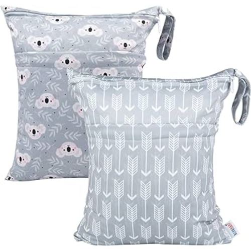 ALVABABY 2pcs Cloth Diaper Wet Dry Bags Waterproof Reusable with Two Zippered Pockets Travel Beach Pool Daycare Soiled Baby Items Yoga Gym Bag for Swimsuits or Wet Clothes L-YX3536