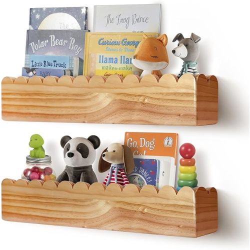 Set of 2 Pre-Assembled Floating Nursery Book Shelves, Scalloped Book Shelf - Kids Wall Bookshelf, Nursery Decor, Floating Shelves for Wall (24 inches)