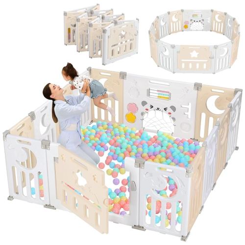 Baby Playpen, Dripex Baby Playard for Babies and Toddlers, 14-Panel Foldable Playpen Adjustable Portable Play Area, Indoor/Outdoor Kids Active Center with Game Panel & Safety Gate, Yellow White