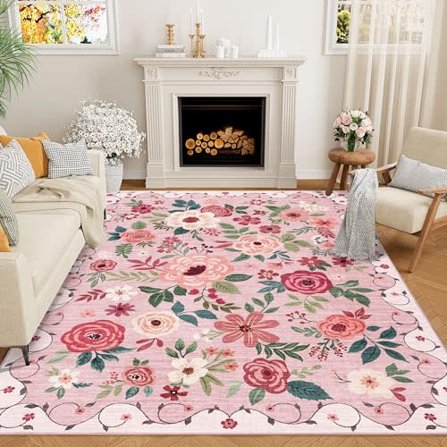 DUKINO 5x7 Area Rug, Nursery Floral Rugs for Living Room, Lightweight Non Slip Washable Rug, Indoor Low Pile & Non-Shedding Boho Design Rugs for Girls Bedroom, Kids Playroom, Dining Room, Pink
