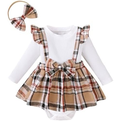 Baby Girl Clothes Sets: 2 Piece Long Sleeve Top Plaid Romper with Headband Fall Winter Outfit for Infant 0-24 Months