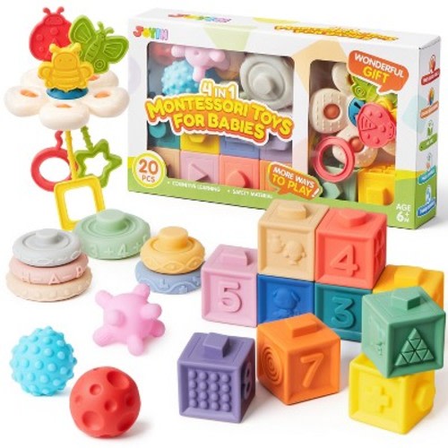 Joyfy Montessori Toys for Baby 0-3-6-12 Months, 4-in-1 Food-Grade Sensory Toys, Infant Stacking Circles Teether, Learning Gifts for Baby Girls Boys