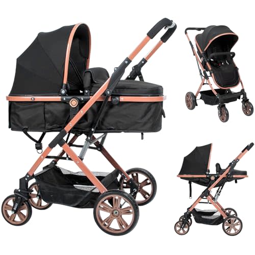 PEARLOVE 2 in 1 Convertible Baby Stroller Bassinet Newborn Reversible Bassinet Pram Foldable Pushchair Folding High Landscape Infant Carriage,Toddler Pushchair Black Baby Stroller…