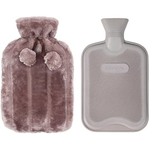 HomeTop Premium Classic Rubber Hot Water Bottle and Luxurious Faux Fur Plush Fleece Cover w/Pom Pom Decor (Nude Pink/Gray)