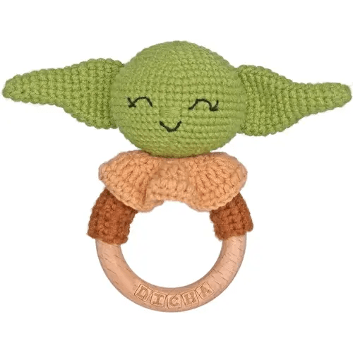 DICHA Wooden Baby Rattle-Crochet Baby Rattle- Infant Rattle Sensory Development Wooden Toys Set-Includes Beech Wooden Teething Ring- Baby Teether Green Alien Style