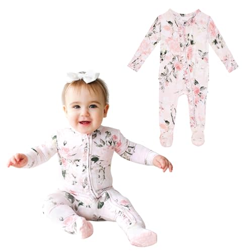 Posh Peanut Footie Pajamas for Baby Girls, Soft Viscose from Bamboo | Ruffle Details, 2-Way Zipper for Easy Changes, Footed Grips, Soft and Stretchy Fabric, Snug Fit