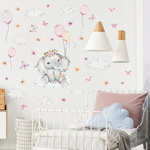 Cute Nursery Pink Elephant Wall Decals,Watercolor Pink Elephant Wall Stickers,Watercolor Pink Balloon Wall Sticker, White Cloud Wall Sticker, Pink Flower Wall Decoration,Kid Toddler Crib Bedroom Play