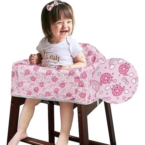 Solfres Dual-Belt High Chair Cover, Baby High Chair Cover, Upgrade Version, for Wooden or Restaurant High Chair, Sturdy and Robust Material, Rainbow Unicorn Donut