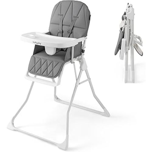 BABY JOY Foldable High Chair, Portable Highchairs for Babies and Toddlers with 3-Position Adjustable Tray & Footrest, Removable Seat Cushion, 5-Point Safety Harness, Space Saving Design (Gray)
