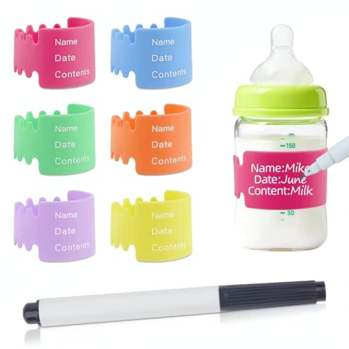 6PCS Bottle Labels Daycare Reusable, Waterproof Silicone Baby Bottle Labels for Daycare,Write and Reuse Sippy Cup Bands Baby Bottle Labels with Marker(6 Color)