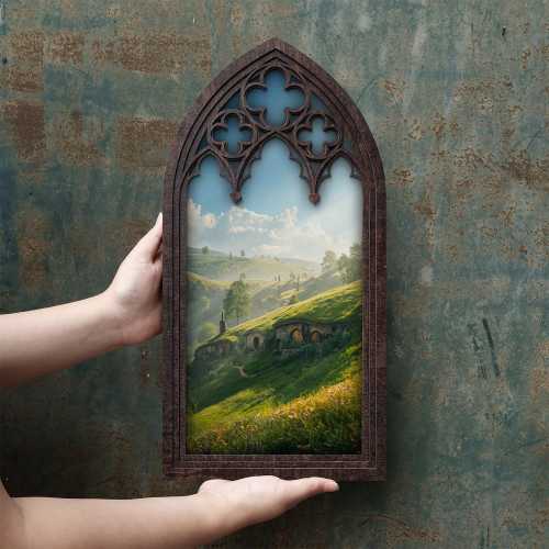 Vintage Hobbit House Wall Art | Gothic Window Frame | 4 Layer Laser Cut Wood Canvas | Shire Cottagecore Decor | Fantasy Gift | Desk Wall