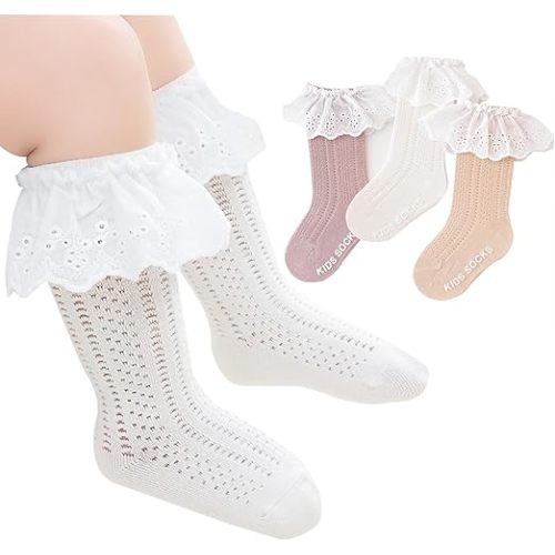 Apone Fatu Baby Knee High Socks Non Slip Grip Ankle Socks Ruffled Long Stockings for Infants Toddlers Kids Boys Girls (US, Age, 0 Months, 6 Months, Lace 3Pair)