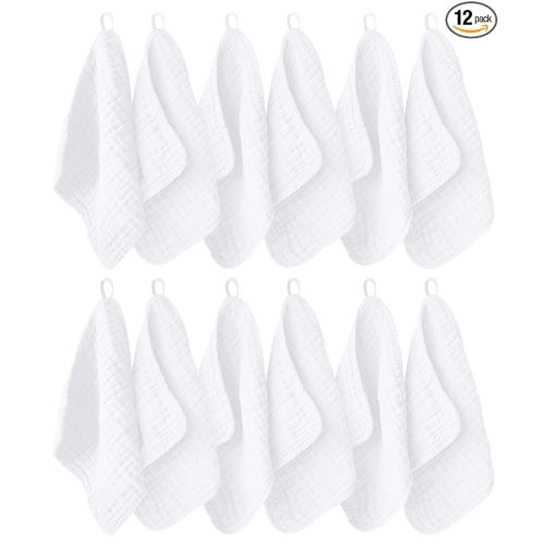 12 Pack Muslin Washcloths for Baby - 100% Cotton Baby Wash Cloths for or Baby Face Body Comfy and Soft for Newborn Infants Kids Girls and Boys - 12"x12" - White