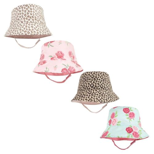 Hudson Baby Infant Girl 4Pc Sun Protection Hat, Blush Rose Leopard Mint Floral Leopards, 0-12 Months