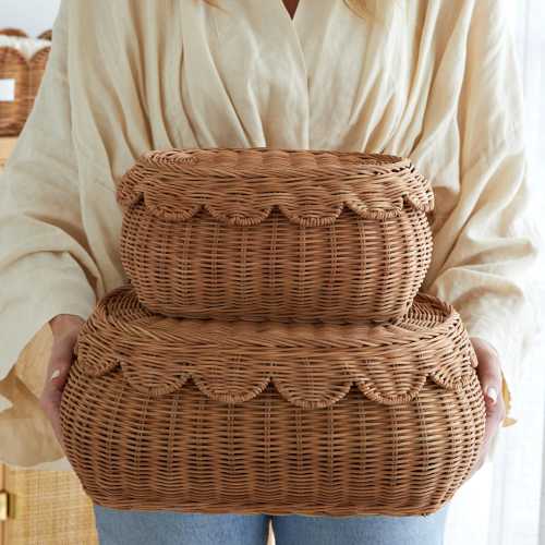 Scalloped Rattan Basket Set Of 2 - Hand-Woven & Award-Winning - 15 x 10 x 6 In - Wicker Storage Baskets