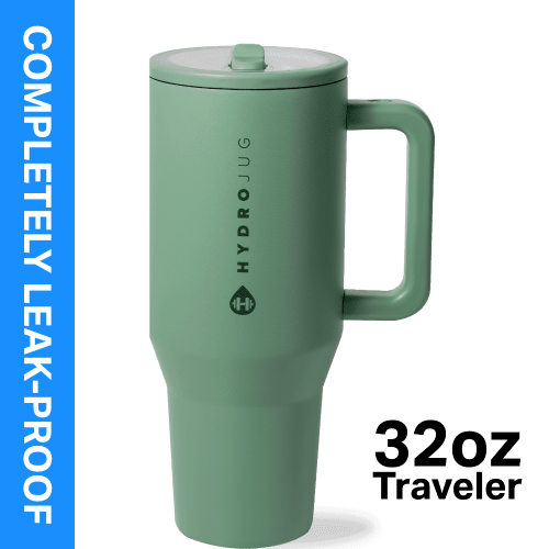 HydroJug Traveler 32 oz Water Bottle, Stainless Steel Insulated Tumbler with Flip Straw and Handle - Sage