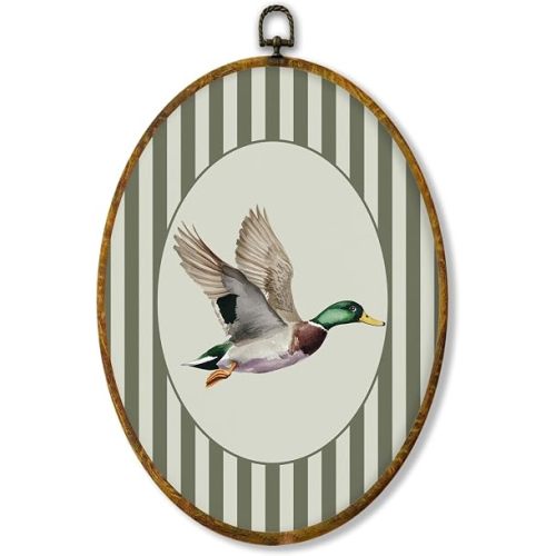 shiviody Flying Mallard Duck Nursery Canvas Wall Art Decor, Green Striped Nursery Decor, Farm Animal Hunting Oval Hanging Frame Prints Decorations for Home Kids Toddler Room Bedroom Playroom 8.6"x11.4"