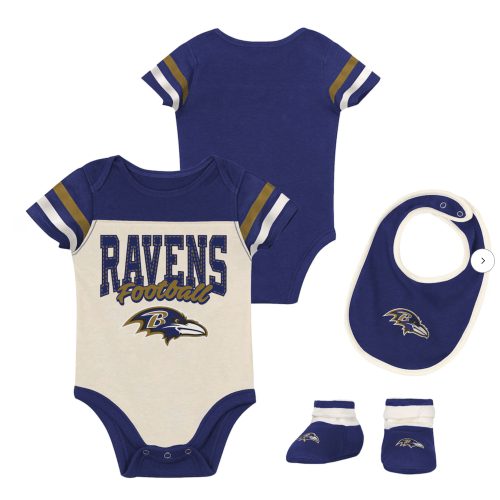Infant & Newborn Outerstuff Baltimore Ravens Up One Three-Piece Bodysuit, Bib & Booties Set