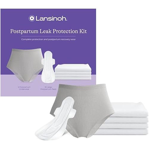 Lansinoh Peace of Mind Leak Protection & Postpartum Kit, 28-Piece Labor and Delivery Essentials with Disposable Underwear, M-L Maternity Pads and Waterproof Bed Mats, Postpartum Essentials