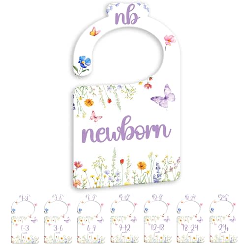 JMOST Watercolor Wildflowers Baby Closet Dividers for Nursery Closet Organizer, Newborn to 24 Months Size Clothes, Purple Butterfly Hangers with Size Dividers, Double Sided
