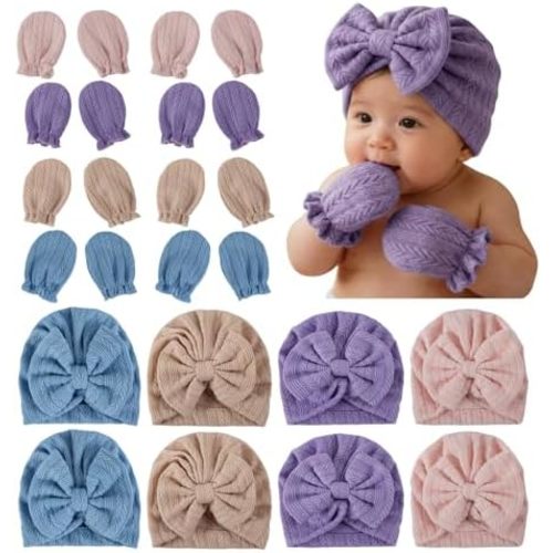8 Sets Newborn Baby Hats & Mittens Cotton Preemie Infant Bow Beanies Caps Gloves Hospital New Born Boy Girl 0-3 Month