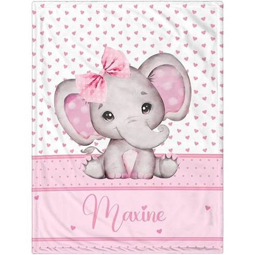Personalized Baby Blanket for Girls, Custom Baby Blanket with Name, Soft Cozy Personalized Name Blankets for Kids, Custom Elephants Blankets for Infant Toddler Birthday Christmas