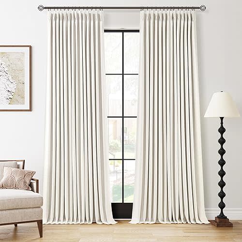Pinch Pleat 100% Blackout Curtains 105 Inch Length 2 Panels Set, Flax Linen Room Darkening Soundproof Pinch Pleated Curtains with Hooks Rings for Bedroom Living Room Track System W40 x L105