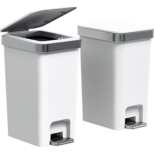 2Pack Small Bathroom Trash Can with Lid Soft Close, 10 Liter/2.6 Gallon Slim Garbage Can-Metal Step and Press top Lid, Mini Modern Waste Basket for Toilet, Office, Bedroom,Dorm,Grayish-White